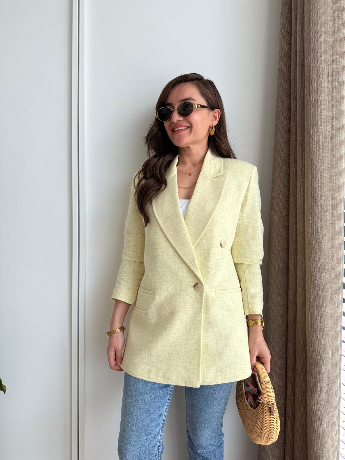 Sarı Kruvaze Yaka Cep Detaylı Blazer Ceket 6255