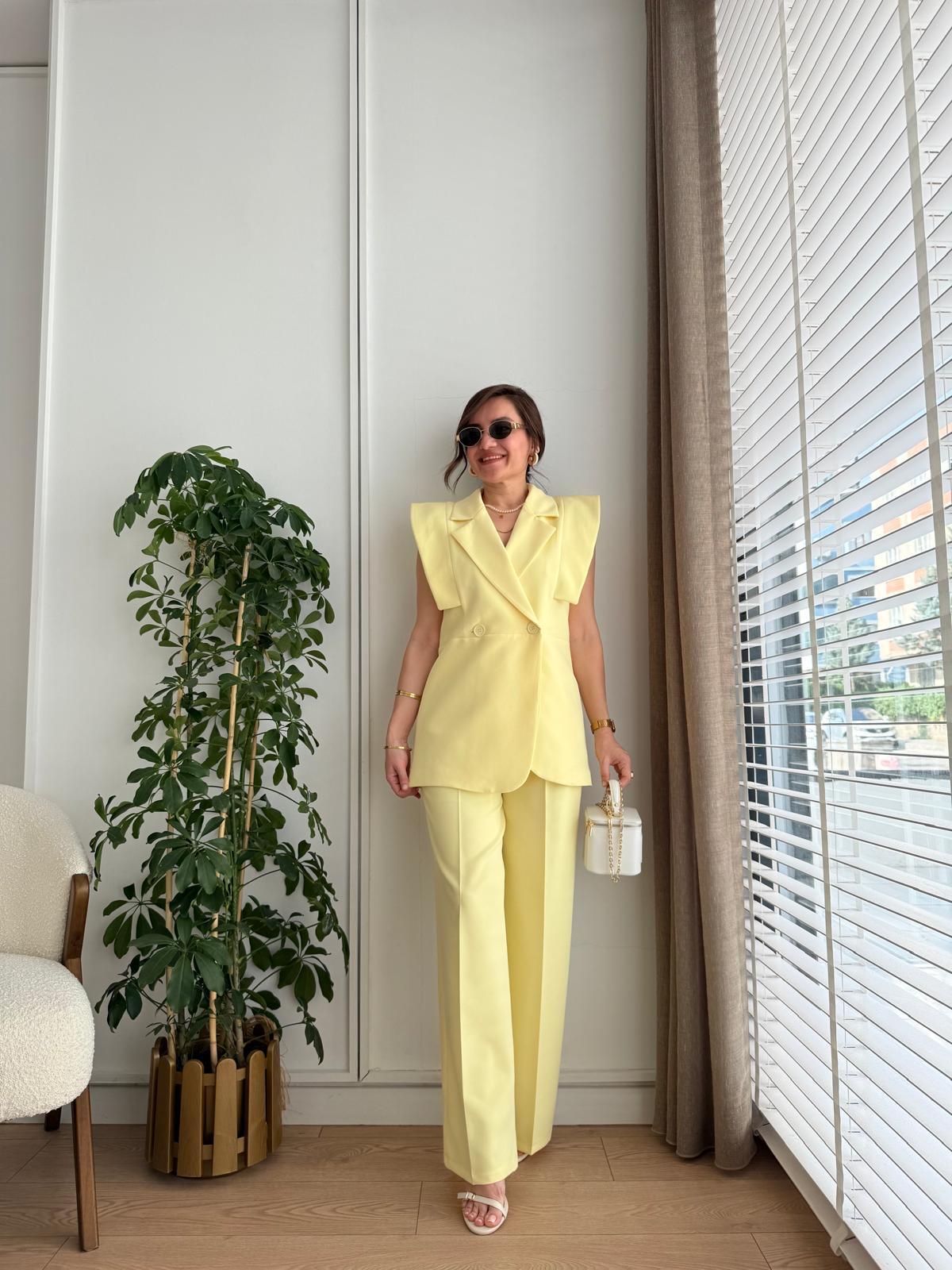 Sarı Kruvaze Yaka Vatkalı Tasarım Yelek Pantolon Takım 6394
