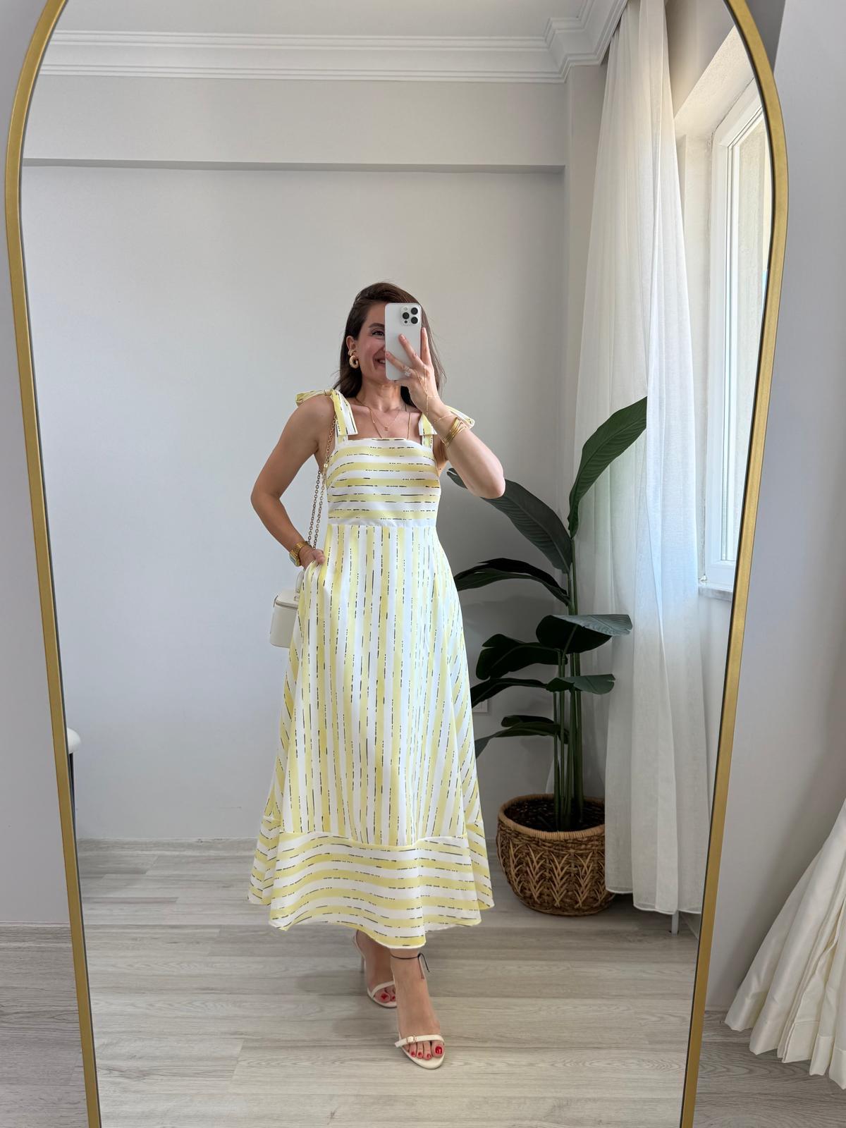 Sarı Omuz Bağlamalı Çizgili Midi Boy Elbise 5147