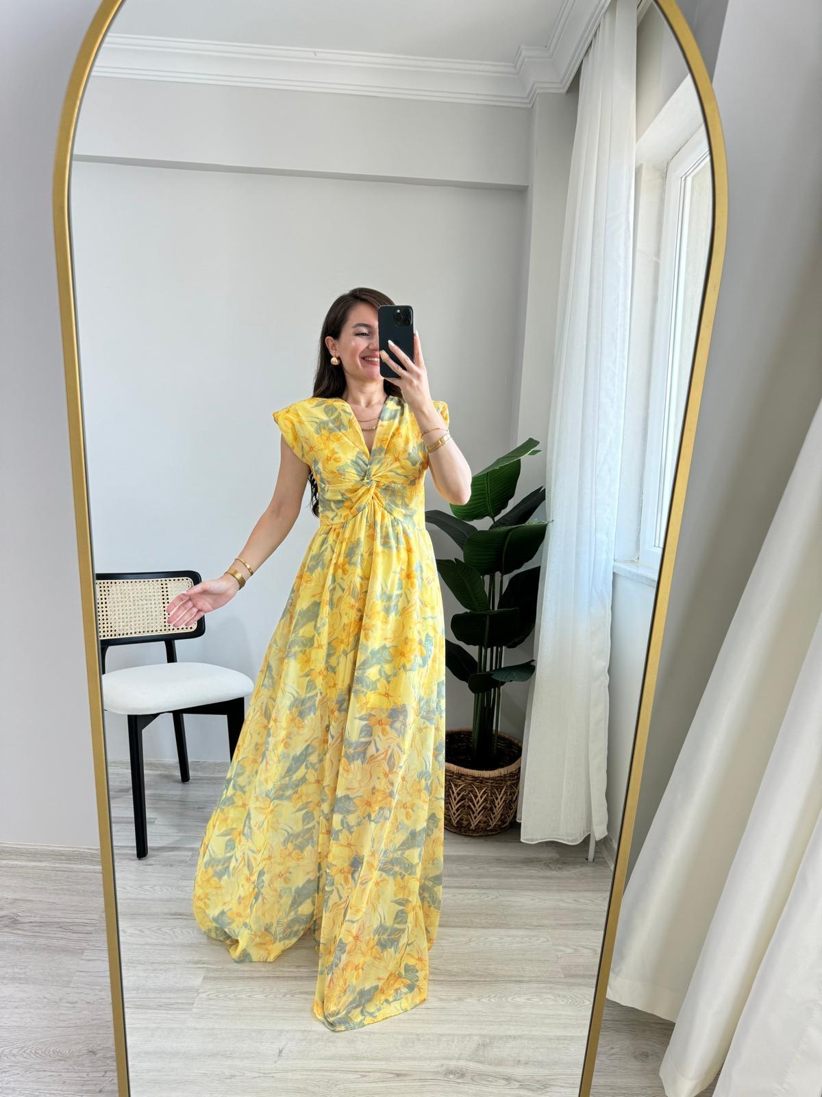 Sarı Vatkalı Bel Detaylı Şifon Elbise 3522