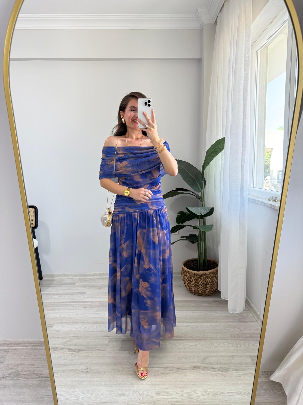 Sax Batik Desen Drape Detaylı Tül Elbise 7423