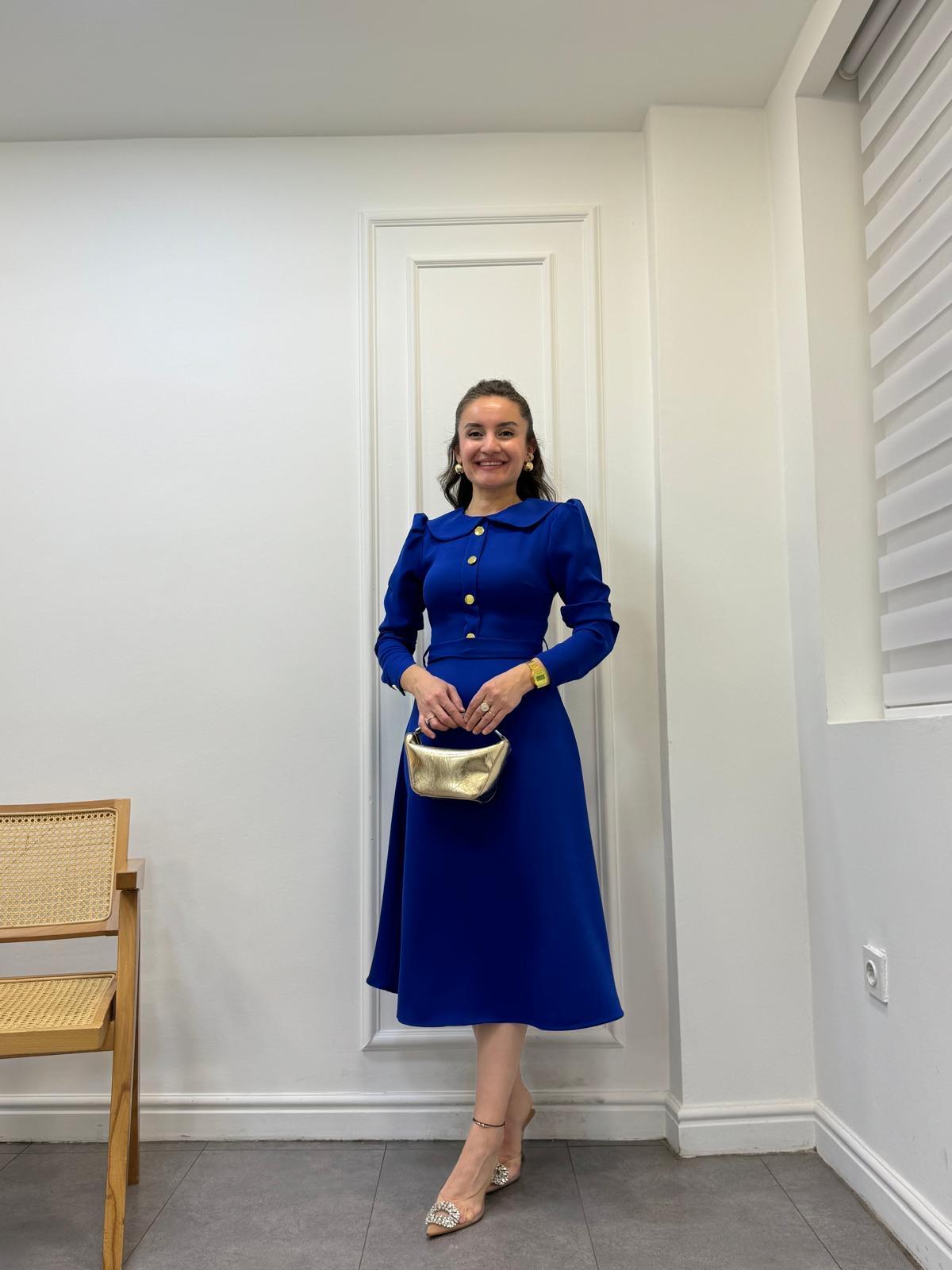 Sax Bebe Yaka Gold Düğme Detaylı Elbise 1143