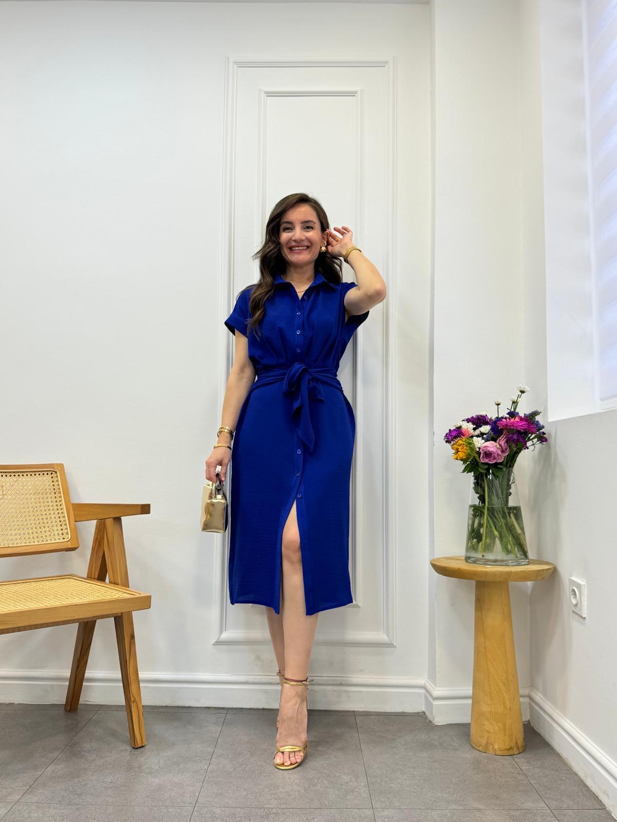 Sax Beli Kendinden Kuşaklı Düğmeli Gömlek Elbise 0205