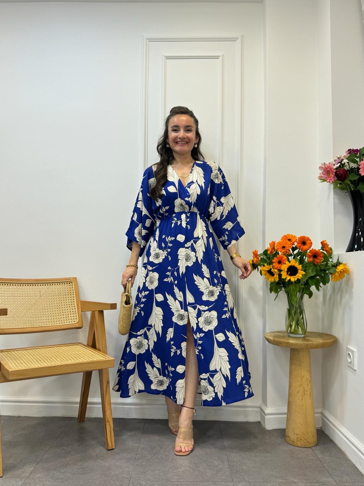 Sax Beyaz Desenli Bel Lastikli Yırtmaç Detaylı Elbise 3003