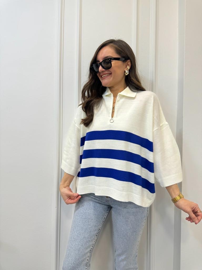 Sax Çizgili Polo Yaka Fermuarlı Yarım Kol Triko Bluz 3933