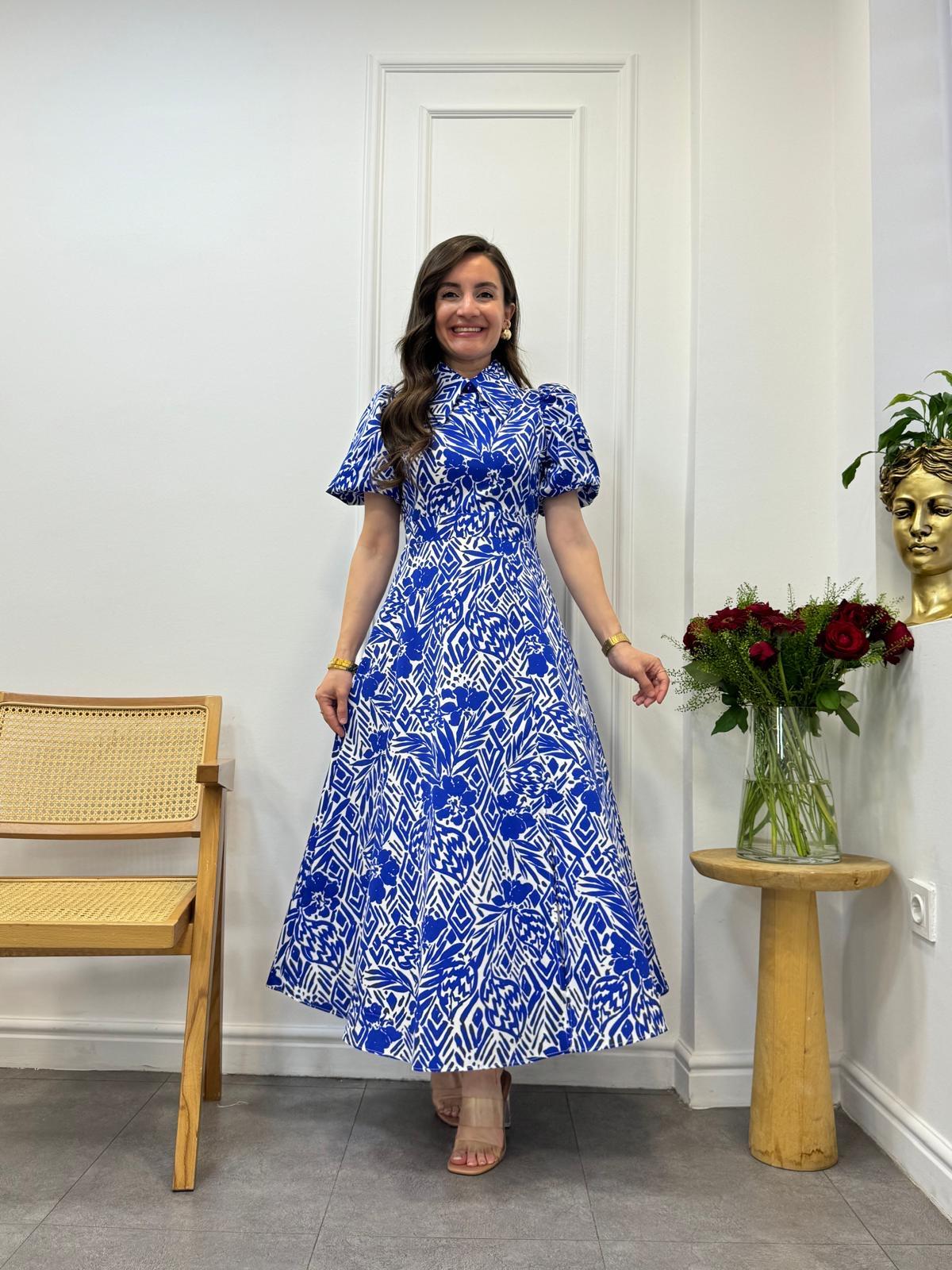 Sax Desenli Bebe Yaka Balon Kol Kuşaklı Elbise 4182