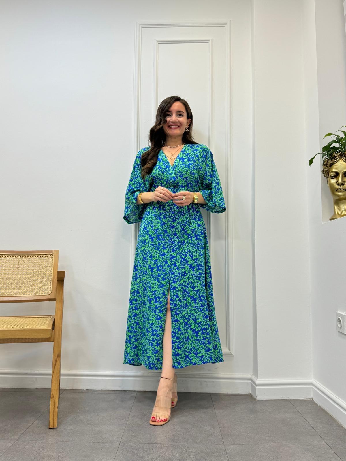 Sax Desenli Bel Lastikli Yırtmaç Detaylı Elbise 2966