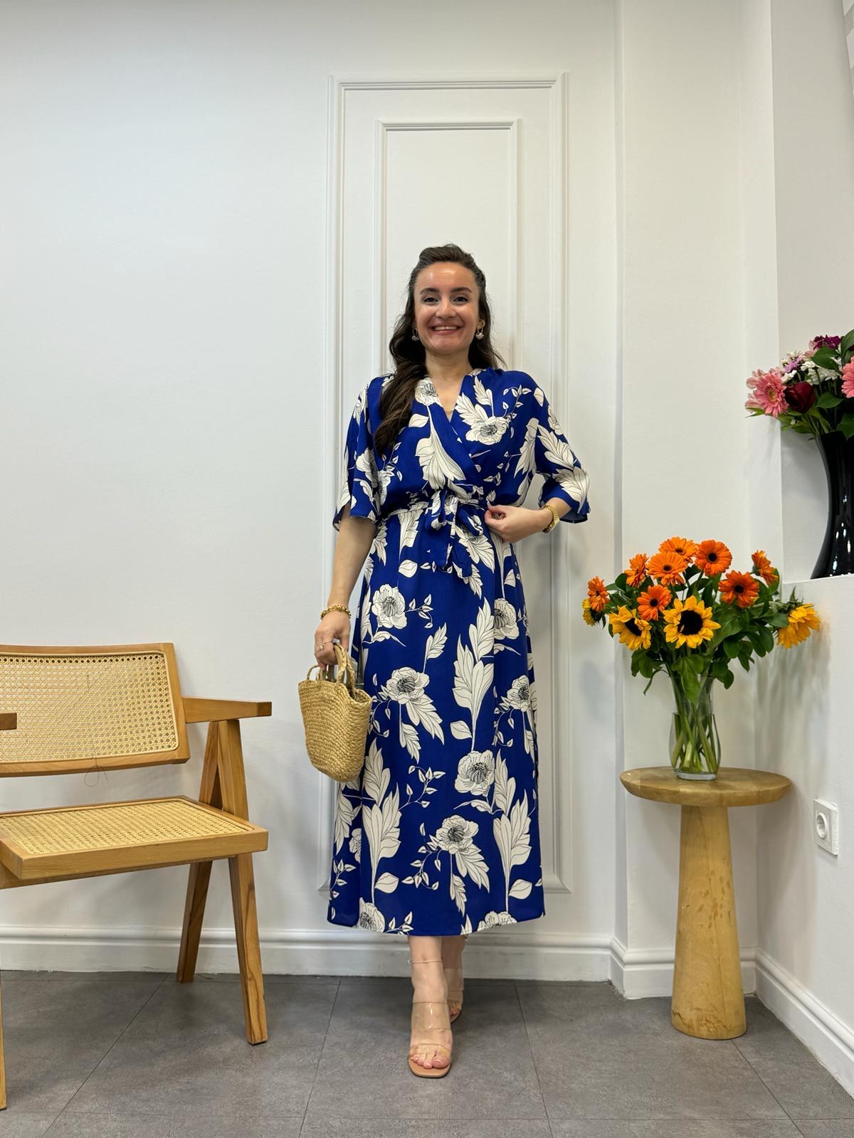 Sax Desenli Kruvaze Yaka Bel Lastikli Elbise 3002