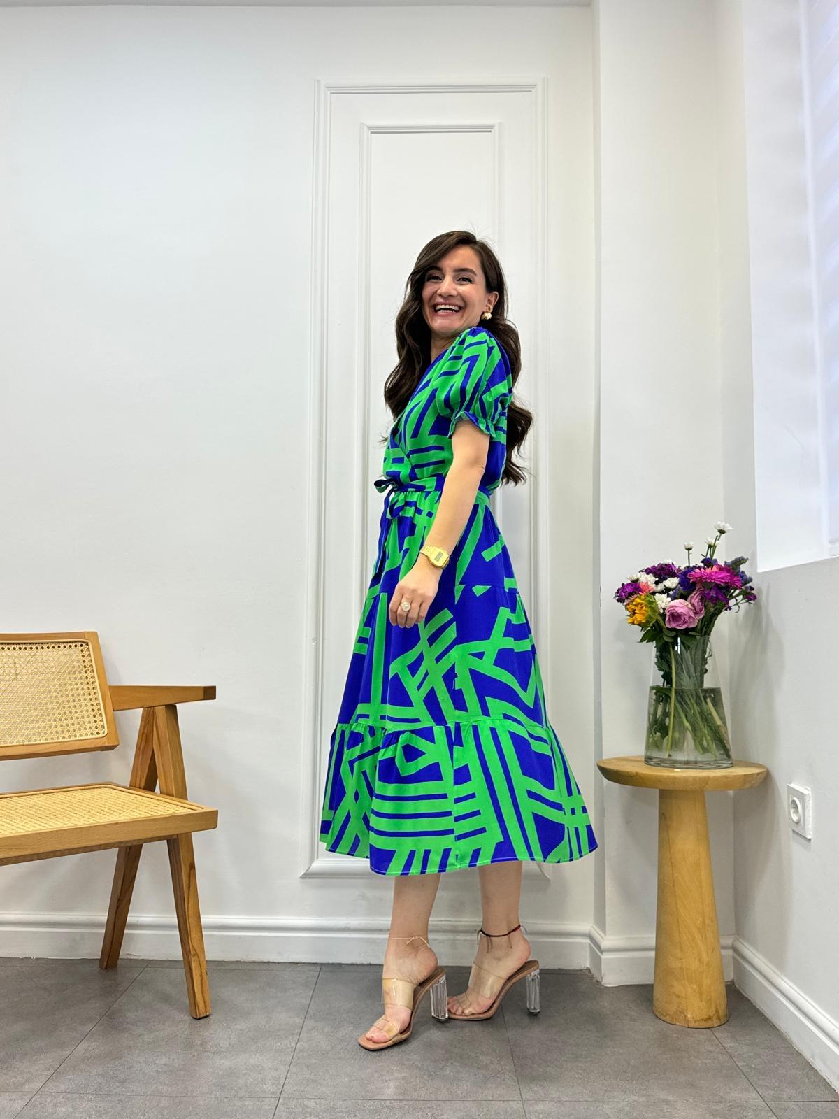 Sax Desenli V Yaka Kuşaklı Elbise 5928