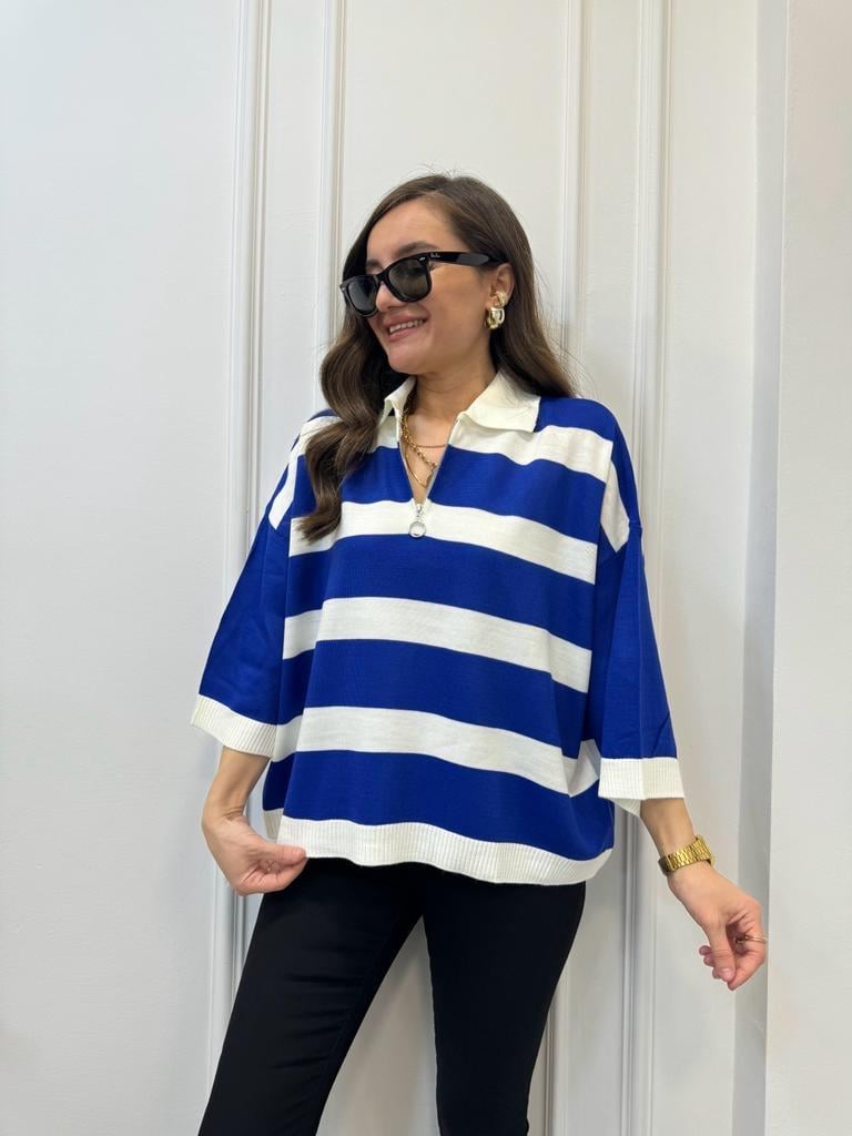 Sax Fermuarlı Çizgili Kol Detaylı Triko Bluz 3944