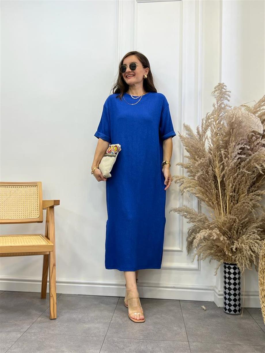 Sax Gofre Kumaş Yırtmaçlı Basic Elbise 0411