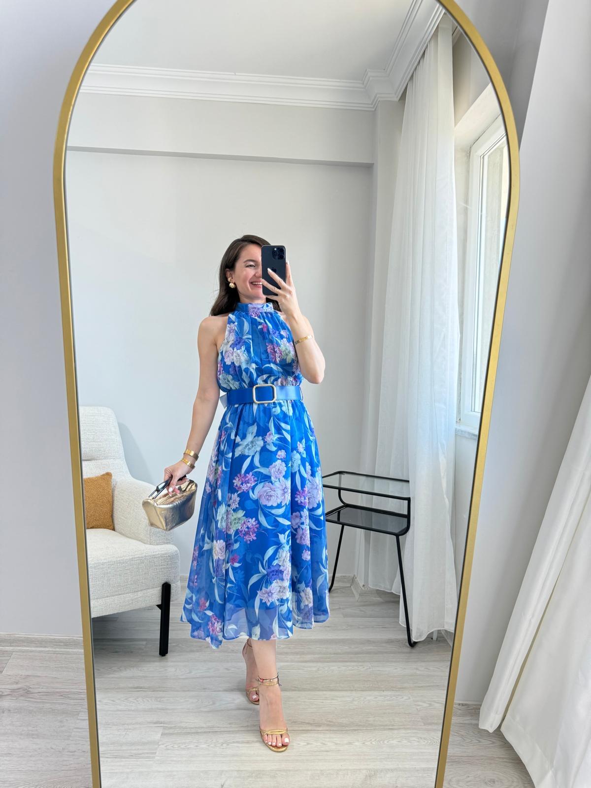 Sax Halter Yaka Bel Lastikli Kemerli Elbise 3432