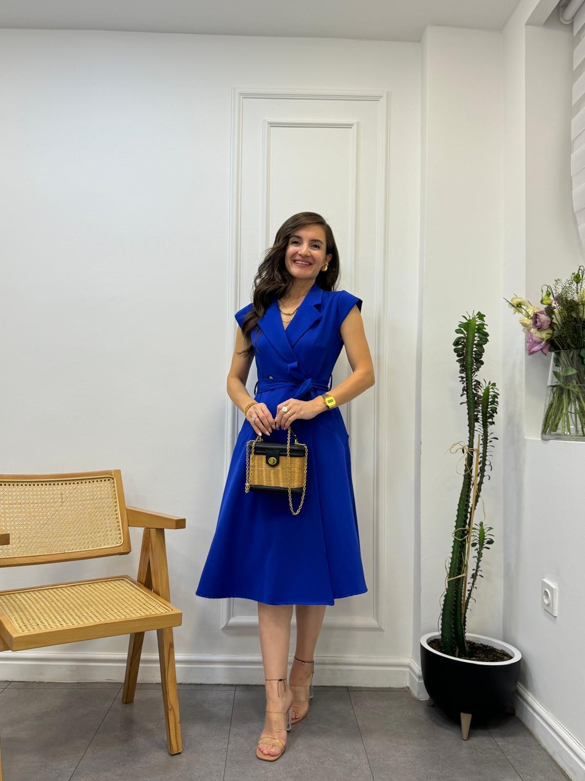 Sax Kruvaze Yaka Düğme Detaylı Ceket Elbise 4078