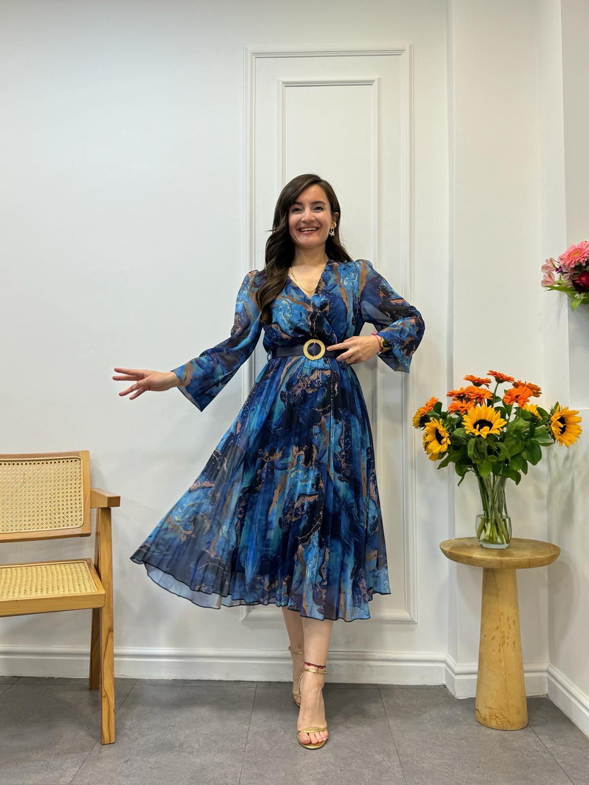 Sax Kruvaze Yaka Eteği Piliseli Kemerli Şifon Elbise 3286