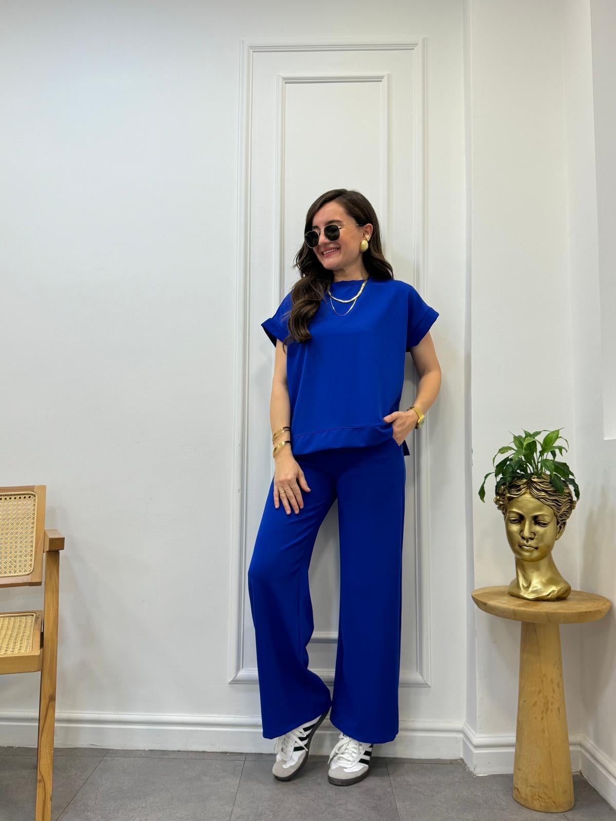 Sax Likralı Özel Dokulu Bluz Bol Paça Pantolon Takım 1011