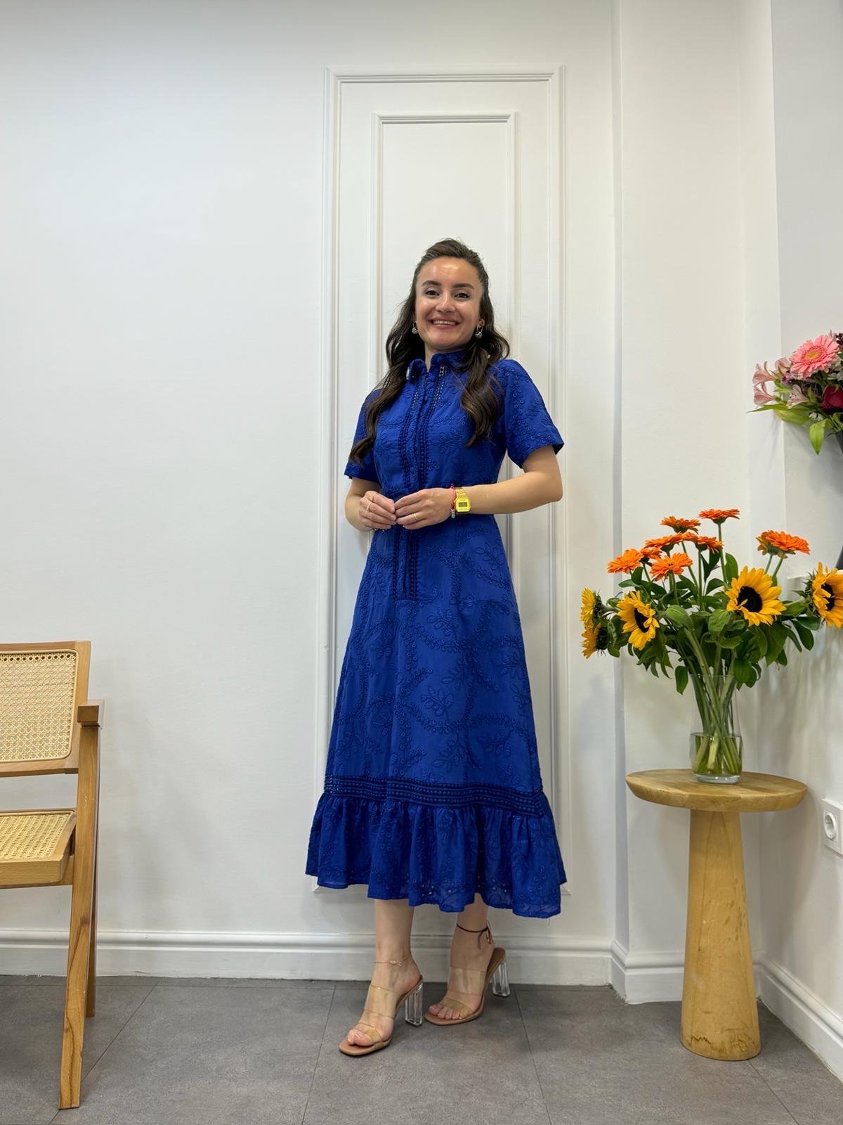 Sax Polo Yaka Brode Astarlı Elbise 2029