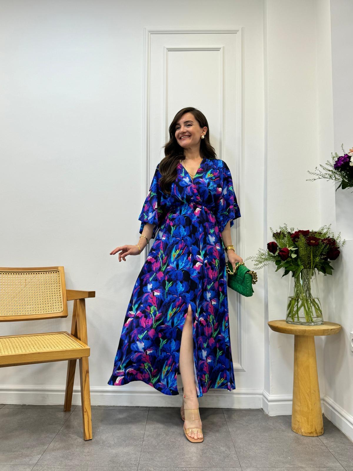 Sax Renkli Desenli Bel Lastikli Elbise 3154