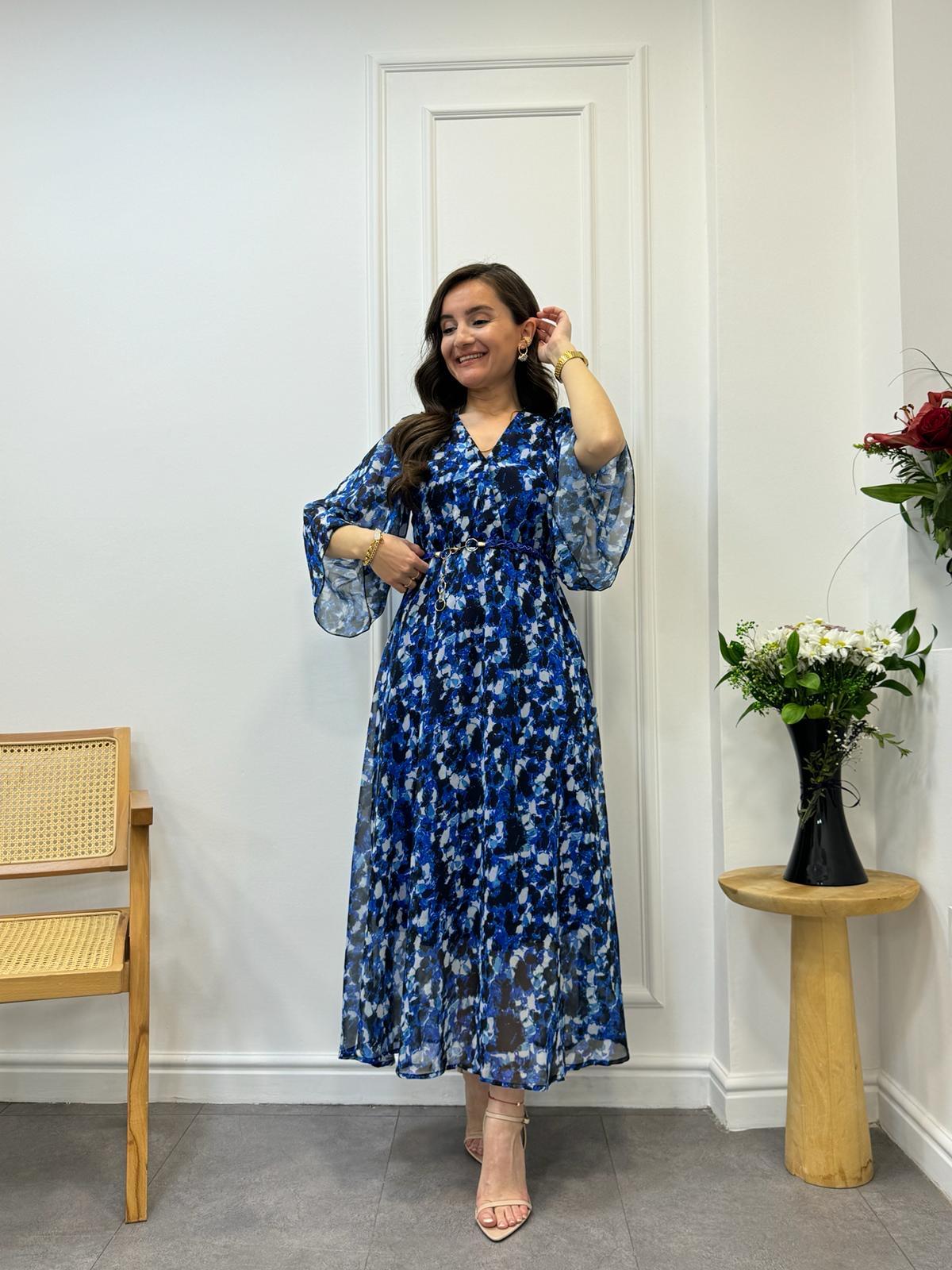 Sax Renkli Desenli Örme Kemer Detaylı Kolları Salaş Elbise 4000