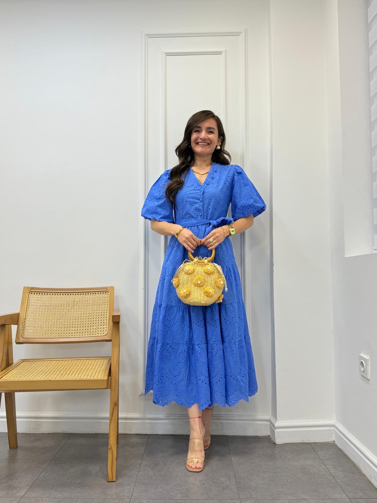 Sax V Yaka Önü Düğmeli Kemerli Fisto Elbise 1862