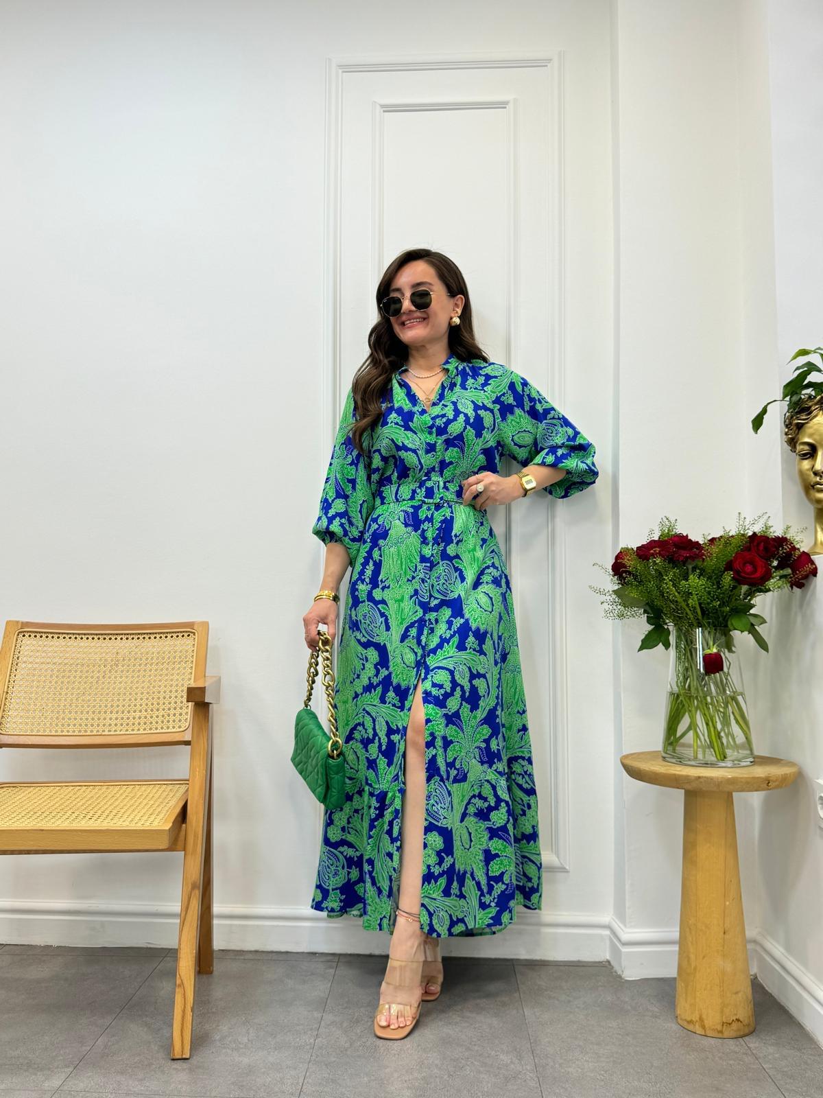 Sax Yeşil Desenli Kemerli Gömlek Elbise 3144