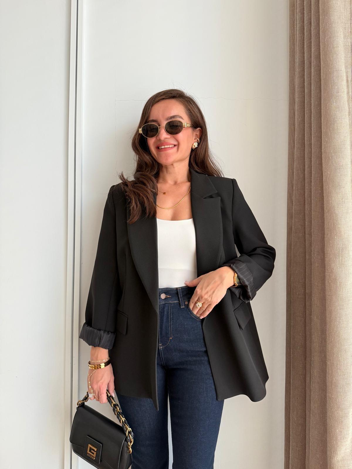 Siyah Astarlı Keten Blazer Ceket 7560