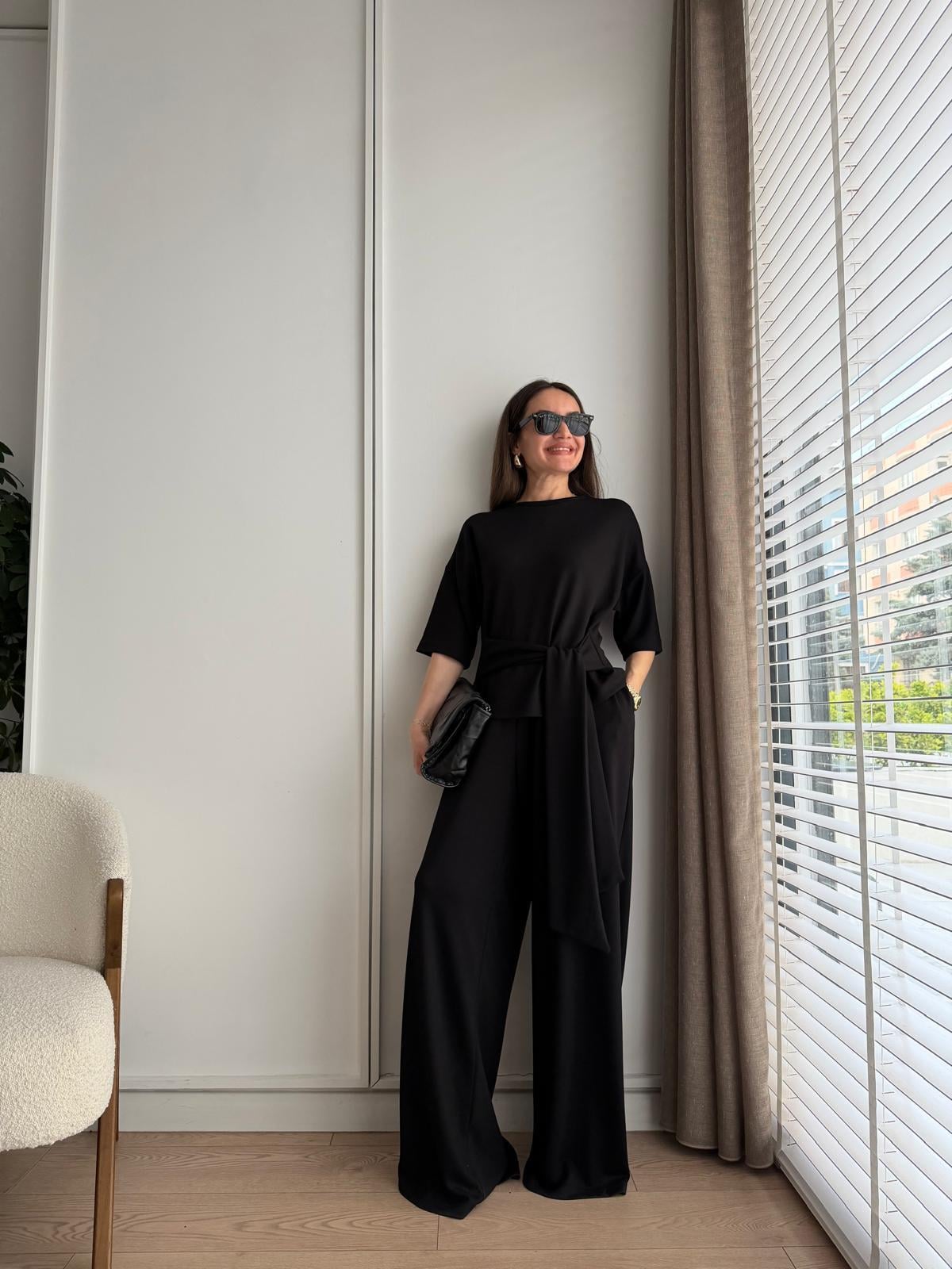 Siyah Bağlama Detaylı Bluz Pantolon Takım 4114
