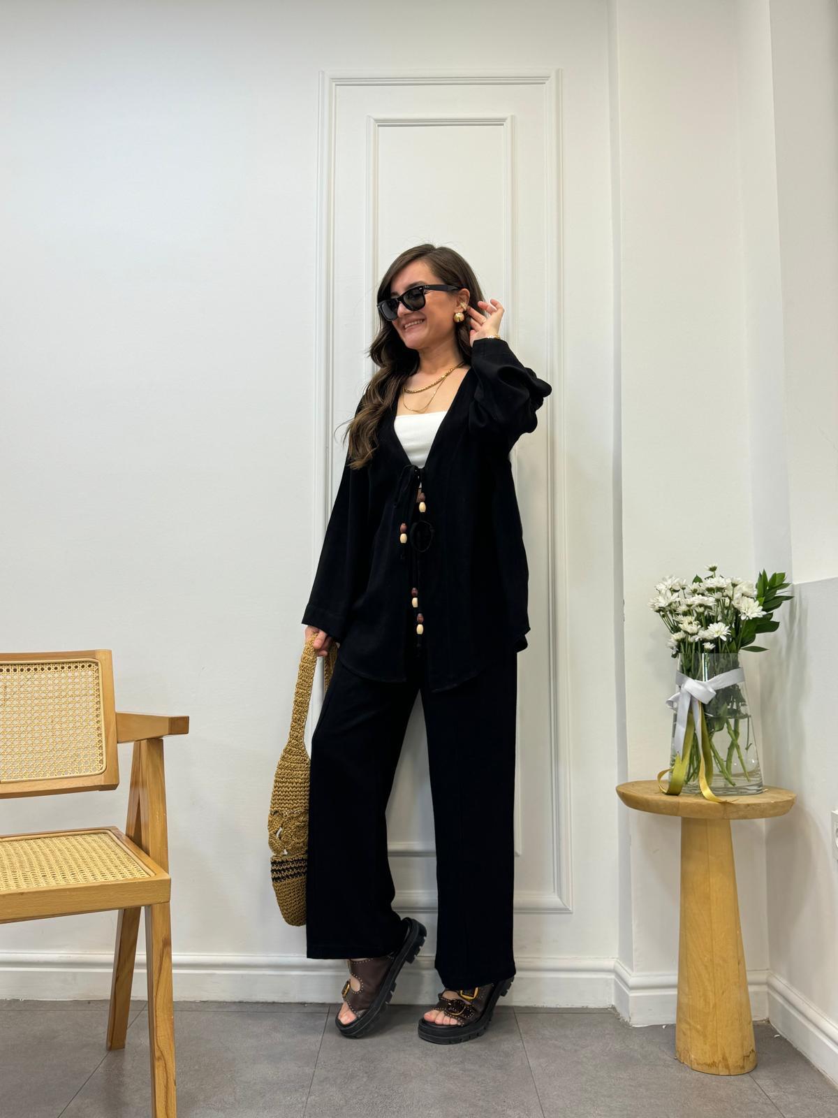 Siyah Bağlama Detaylı Kimono Pantolon Takım 9262
