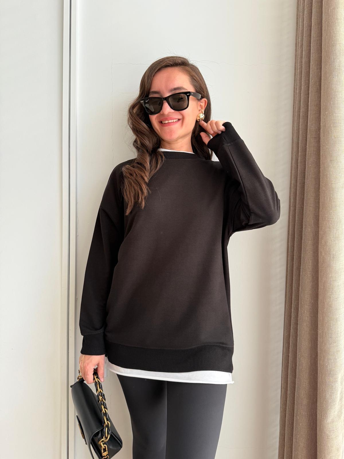 Siyah Basic İki İplik Sweatshirt 9002