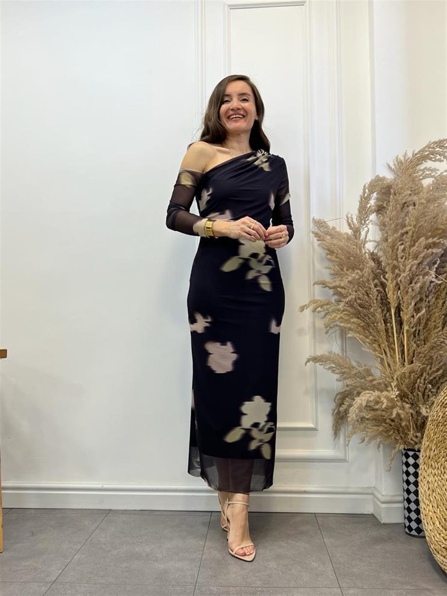 Siyah Batik Desen Kol Detay Desenli Drapeli Elbise 31925