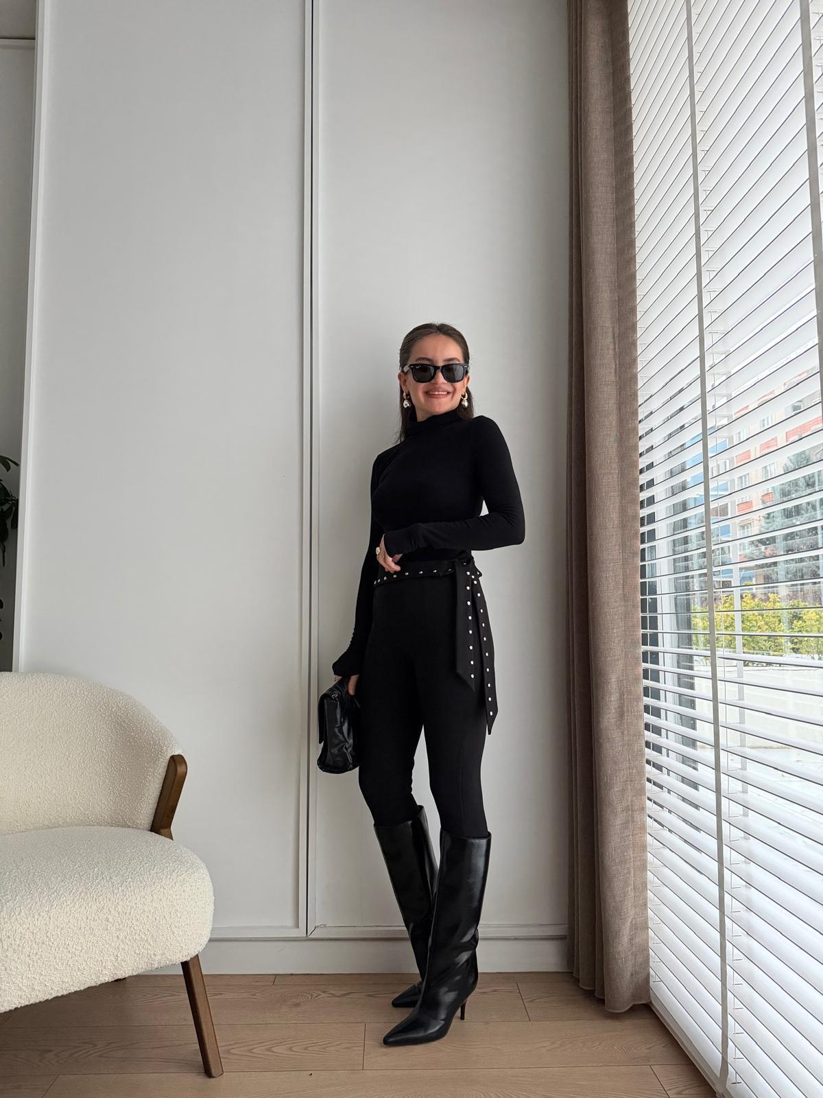 Siyah Bel Detaylı Tayt Pantolon 36985
