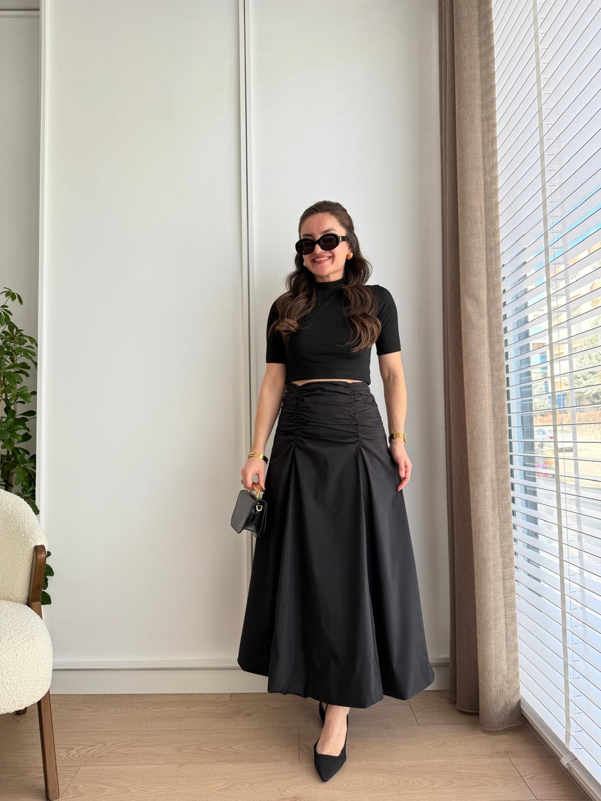 Siyah Bel Drape Detaylı Balon Etek 29443