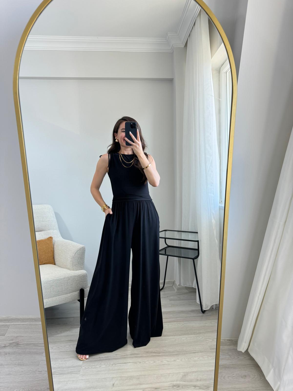 Siyah Bel Drape Detaylı Tulum 9134