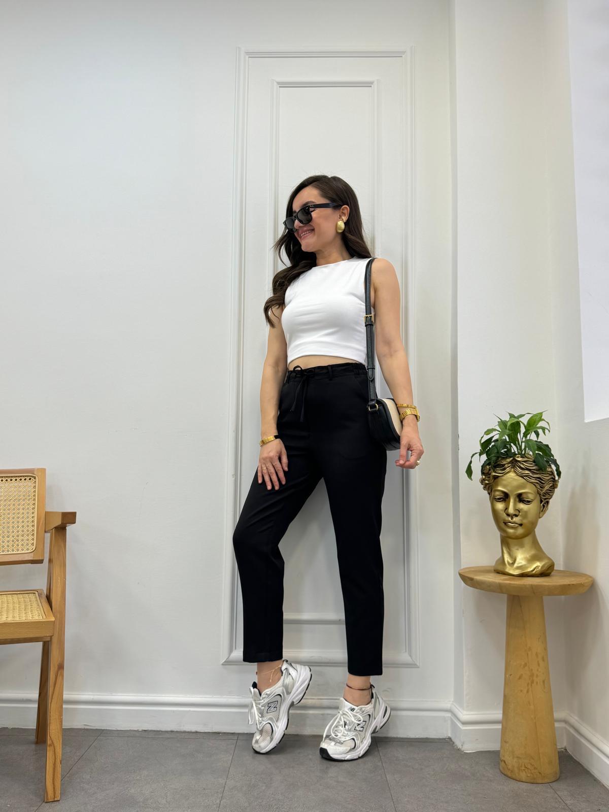 Siyah Bel Lastikli Bağlamalı Havuç Pantolon 3978