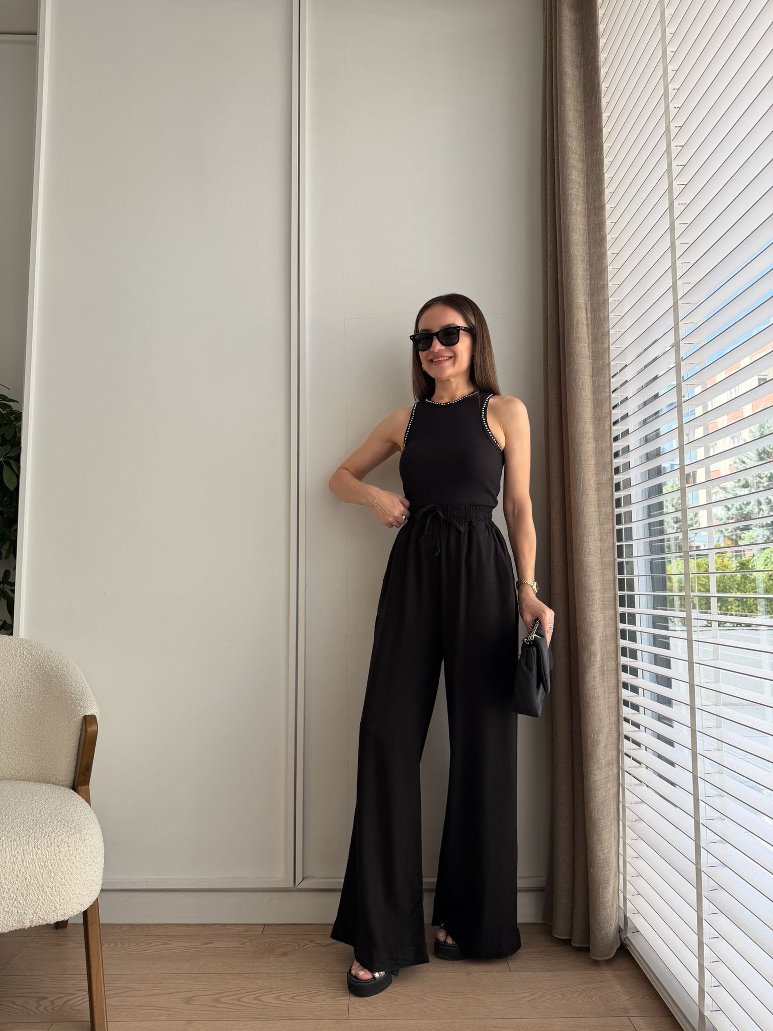 Siyah Bel Lastikli Cepli Tensel Pantolon HS708