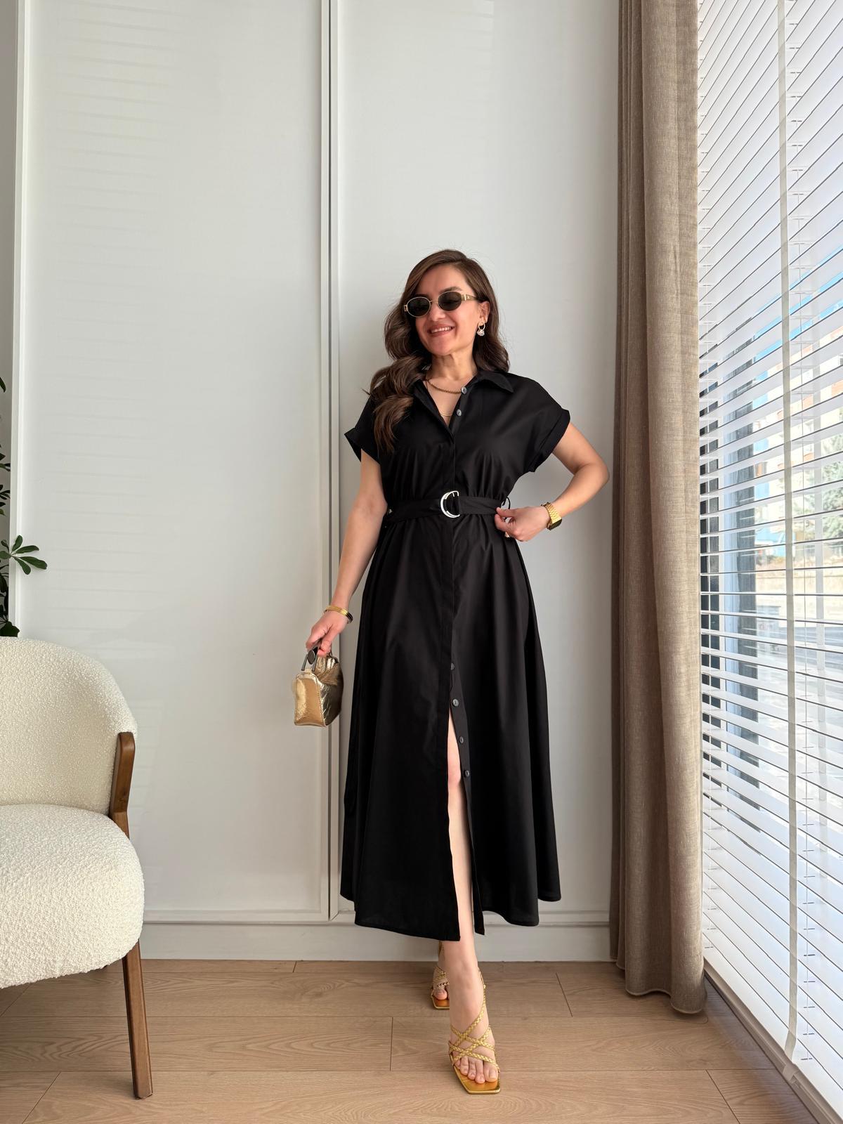 Siyah Bel Lastikli Kuşaklı Gömlek Elbise 1101