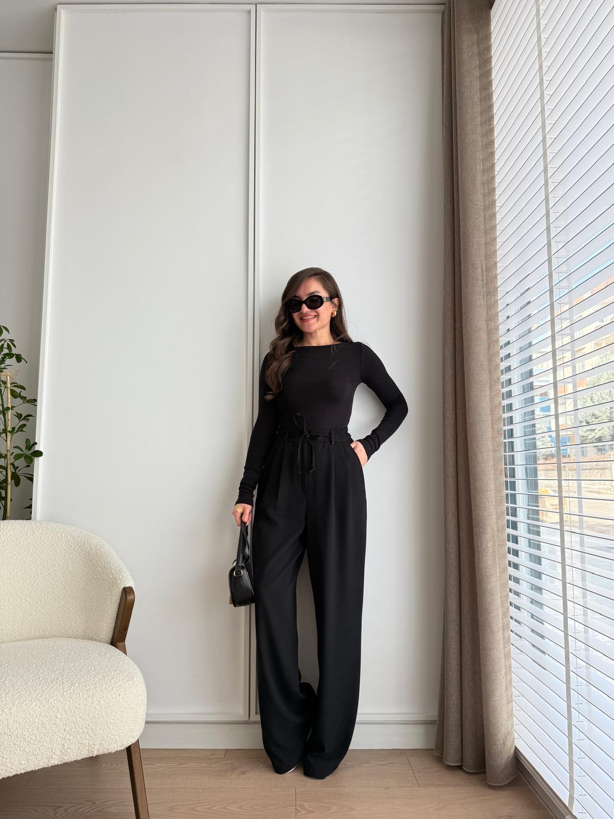 Siyah Bel Lastikli Yüksek Bel Palazzo Pantolon 3709