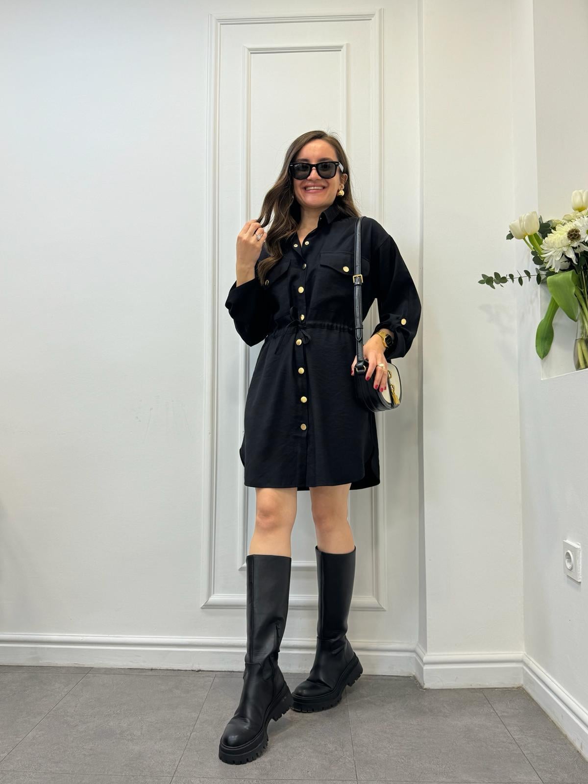 Siyah Belden Bağlamalı Gold Düğmeli Gömlek Elbise 6017