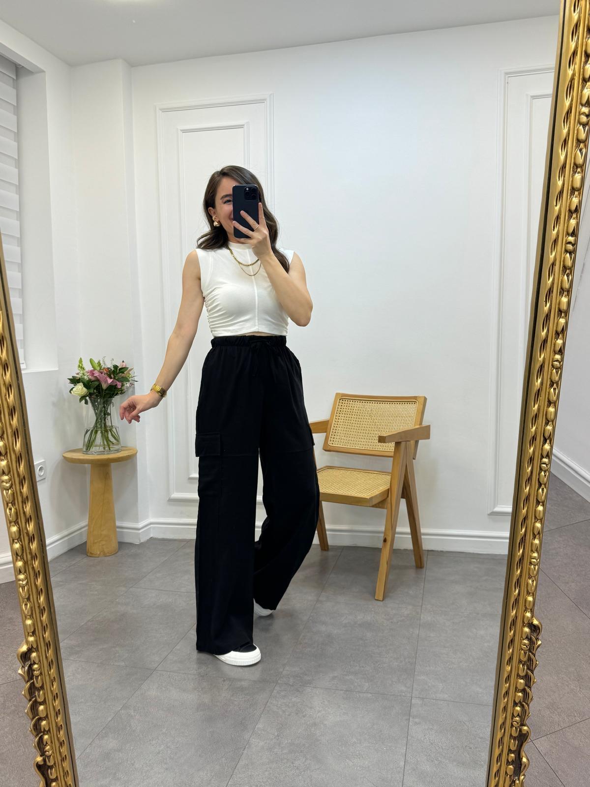 Siyah Beli Bağcıklı Cep Detaylı Gabardin Kumaş Pantolon 58888