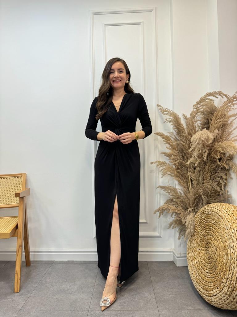 Siyah Beli Düğüm Detaylı Önden Yırtmaçlı Elbise 272055