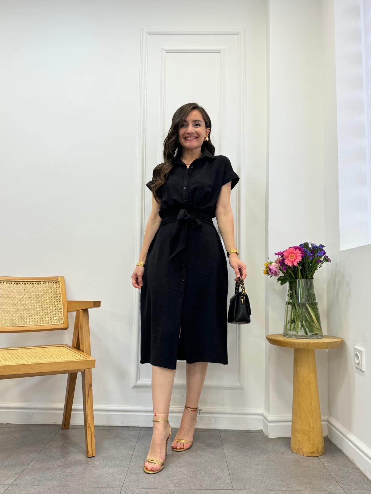 Siyah Beli Kendinden Kuşaklı Düğmeli Gömlek Elbise 0205