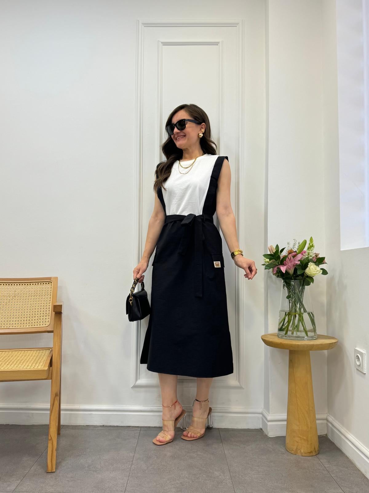 Siyah Beli Kuşaklı Kargo Cepli Elbise M06