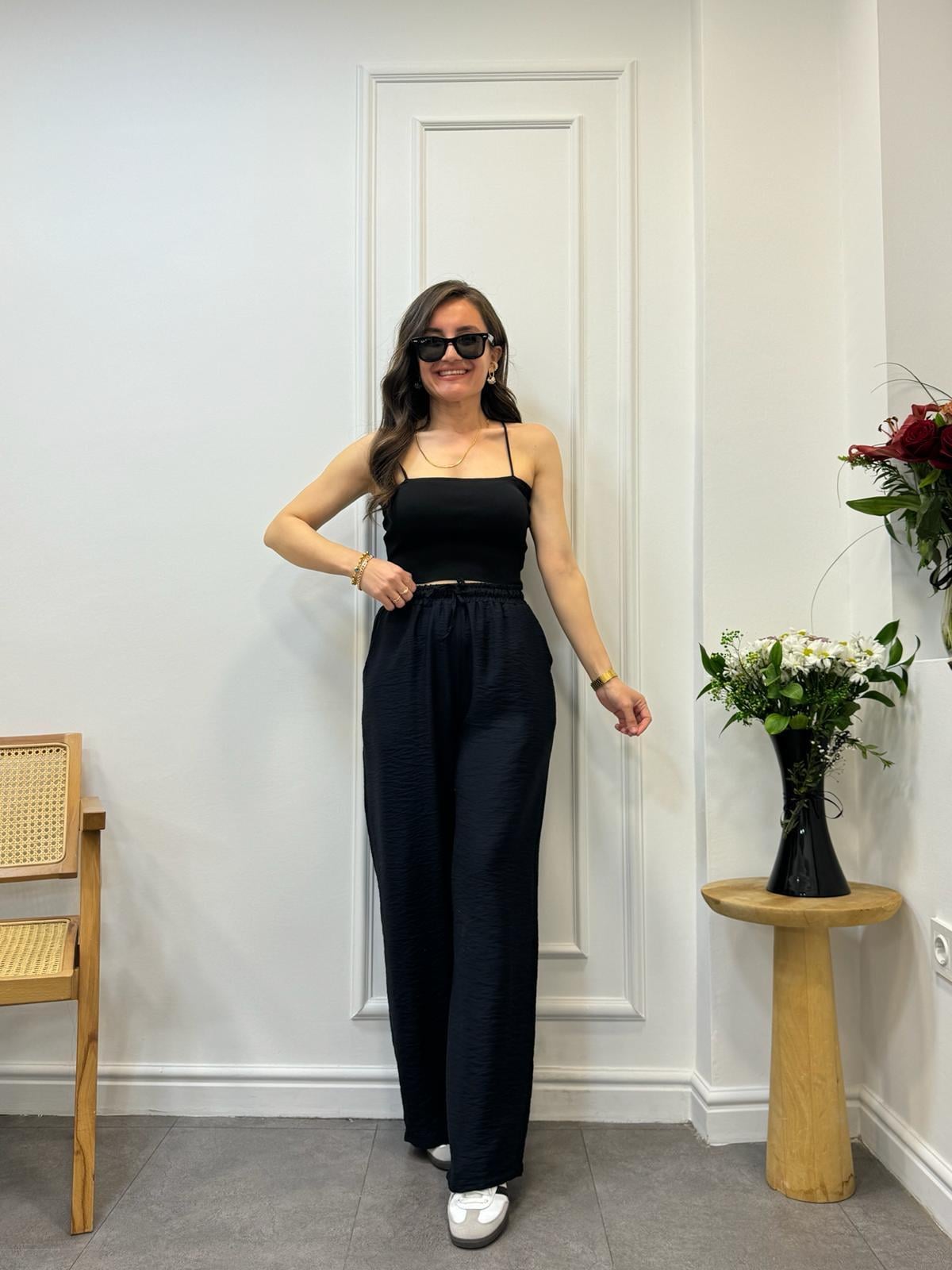 Siyah Beli Lastikli Salaş Pantolon Aerobin Pantolon 5026