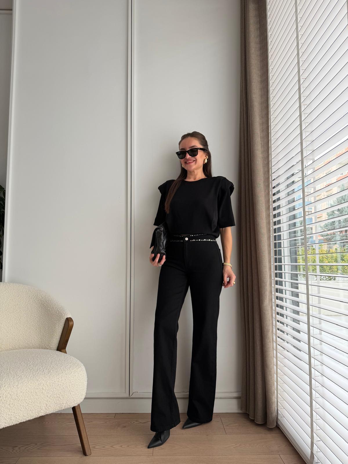 Siyah Beli Zımba Detaylı Wide  Leg Jean 8156