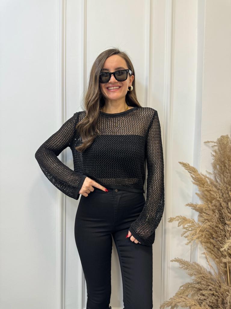 Siyah Bisiklet Yaka Ajur Desen Crop Kazak 10350