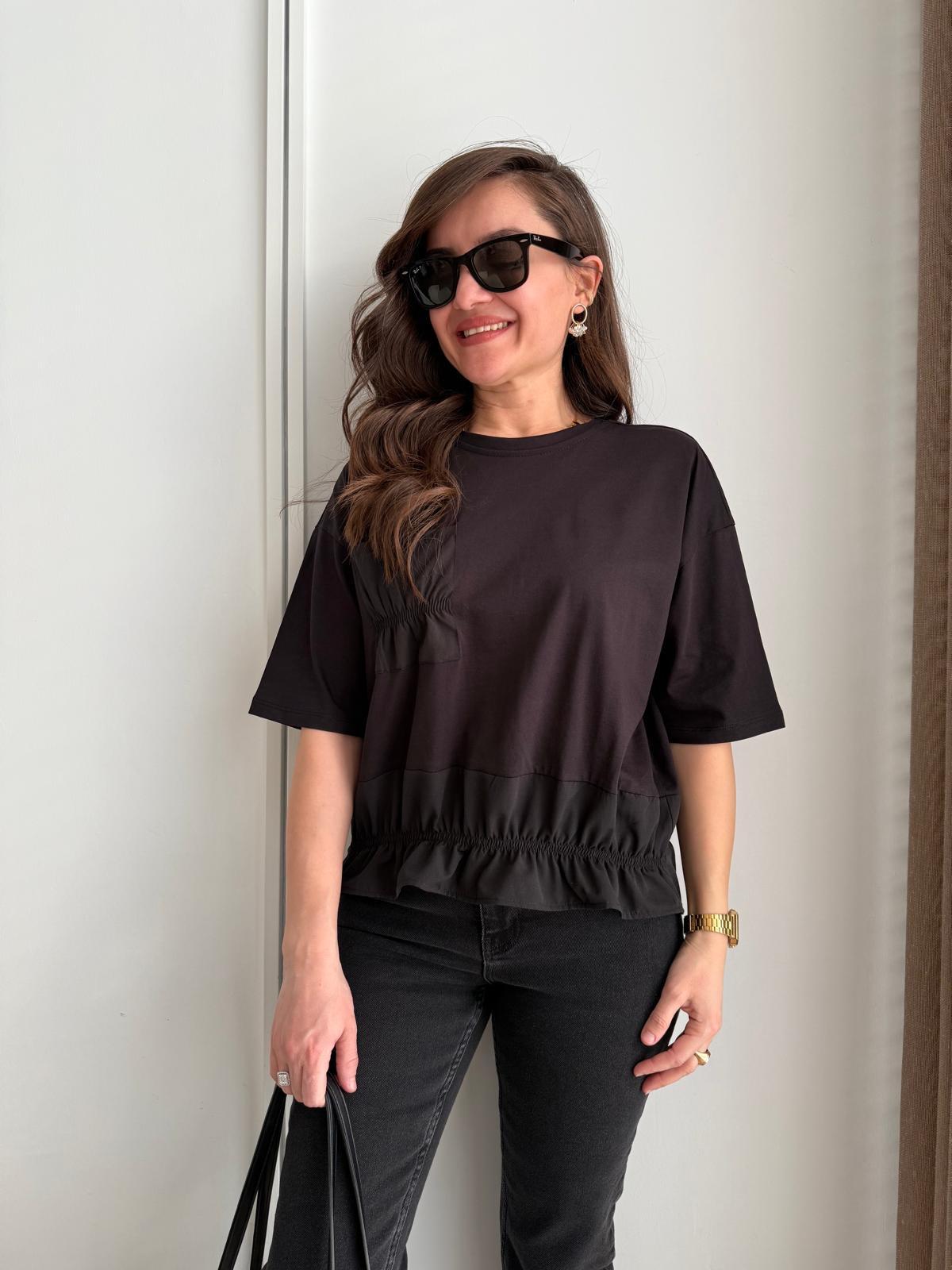 Siyah Bisiklet Yaka Büzgü Detaylı Cepli Bluz 29735