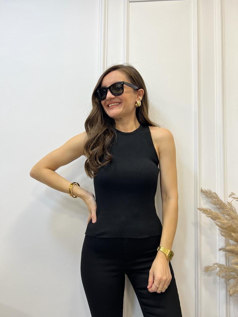 Siyah Bisiklet Yaka Fitilli Triko Atlet 3114