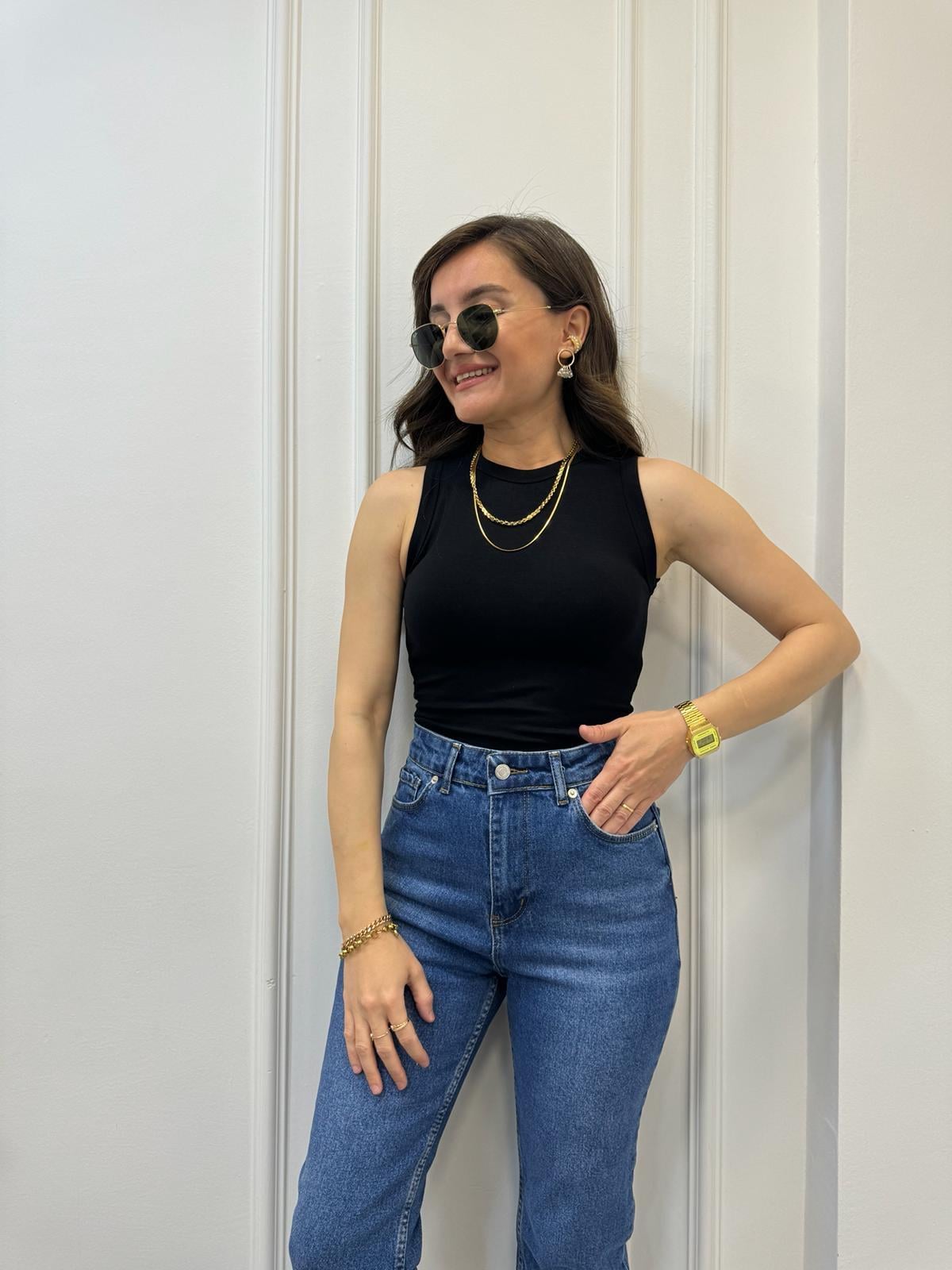 Siyah Bisiklet Yaka Özel Dokulu Uzun Atlet 4464