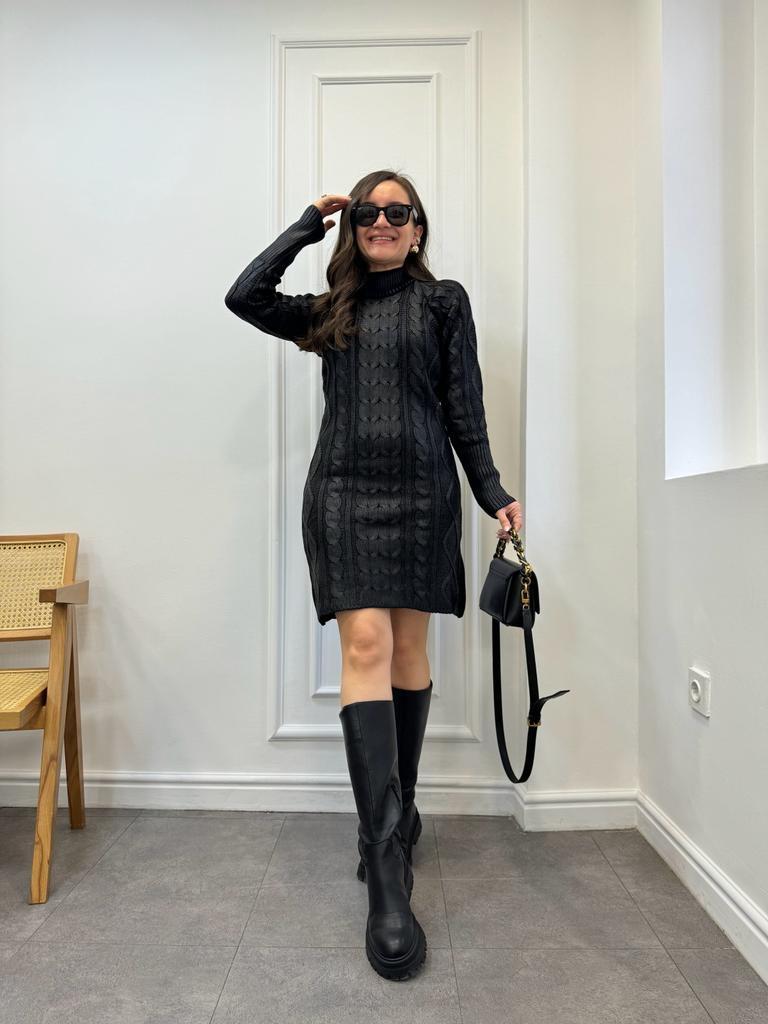 Siyah Bisiklet Yaka Saç Örgü Triko Elbise 4168