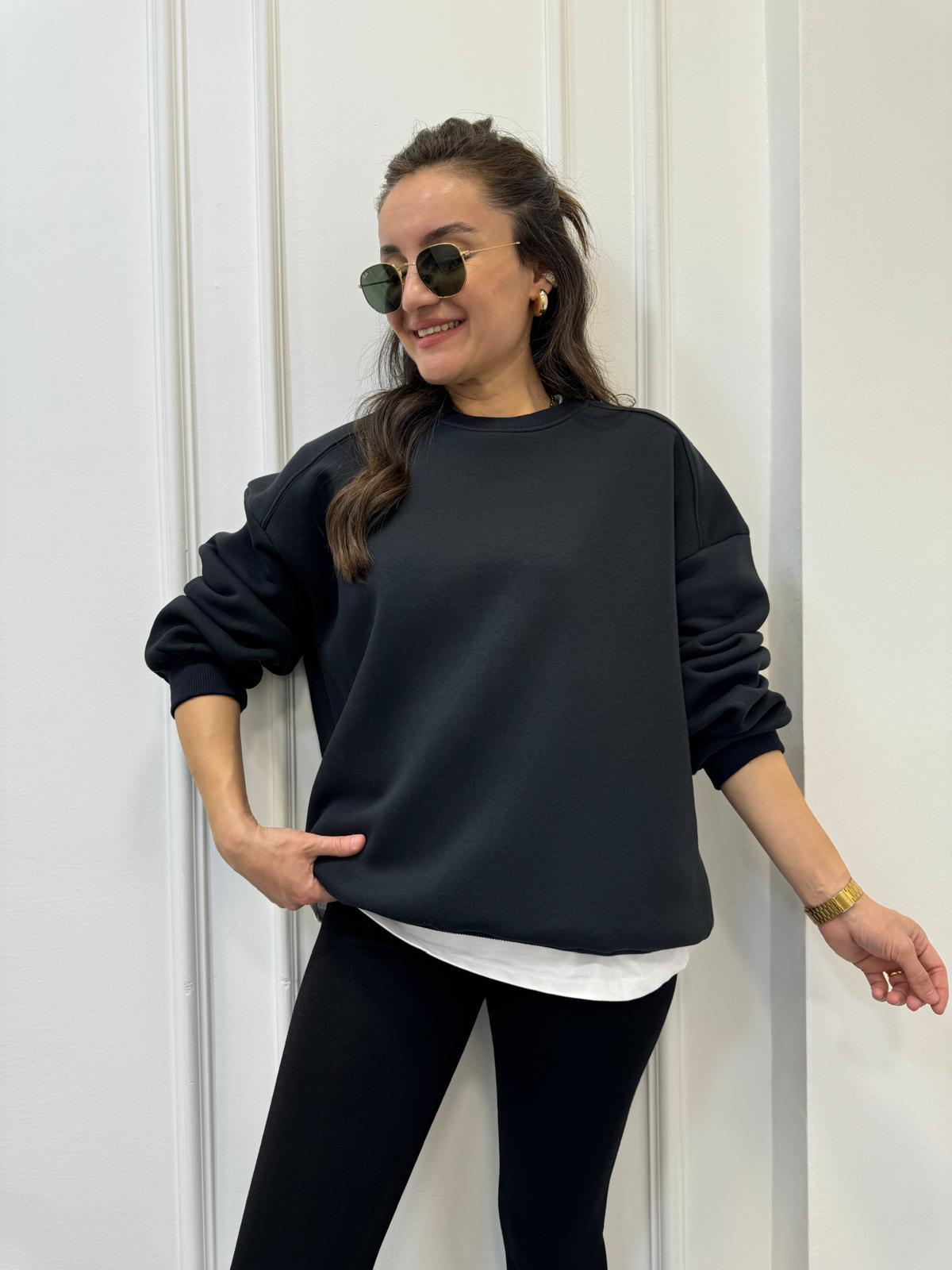 Siyah Bisiklet Yaka Şardonlu Sweatshırt 241002