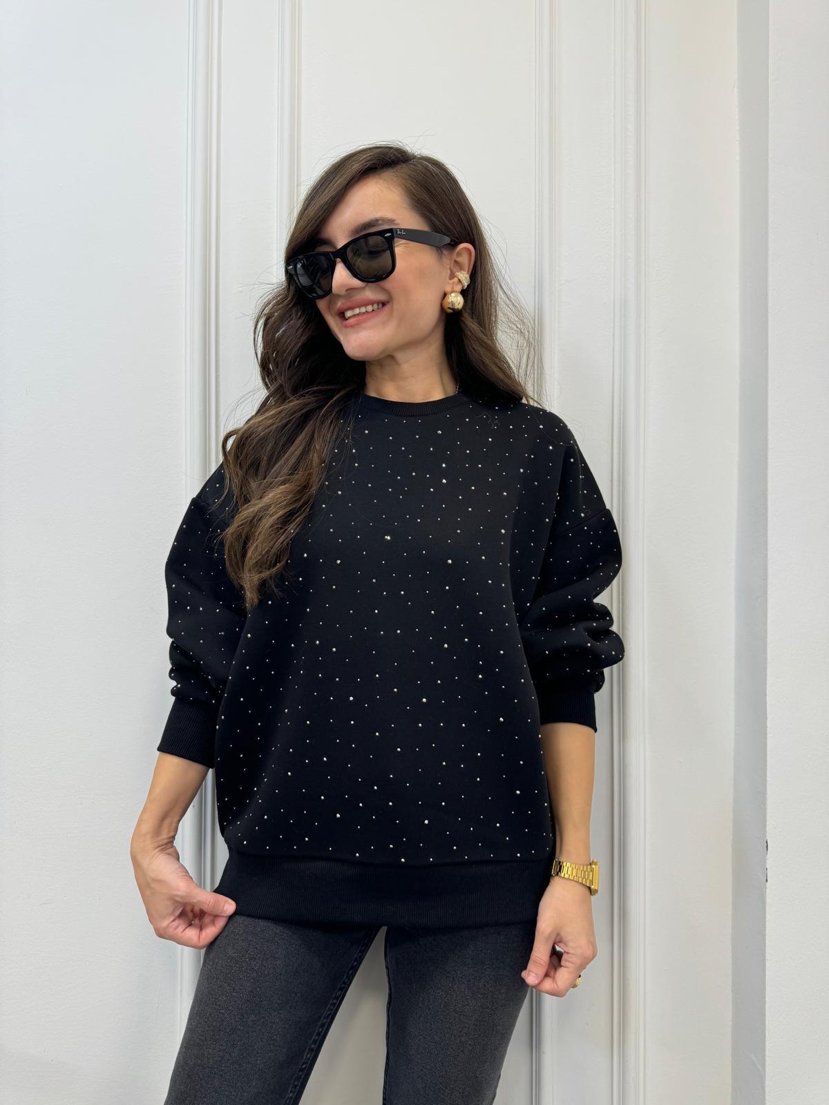 Siyah Bisiklet Yaka Taşlı Sweatshırt 1710004